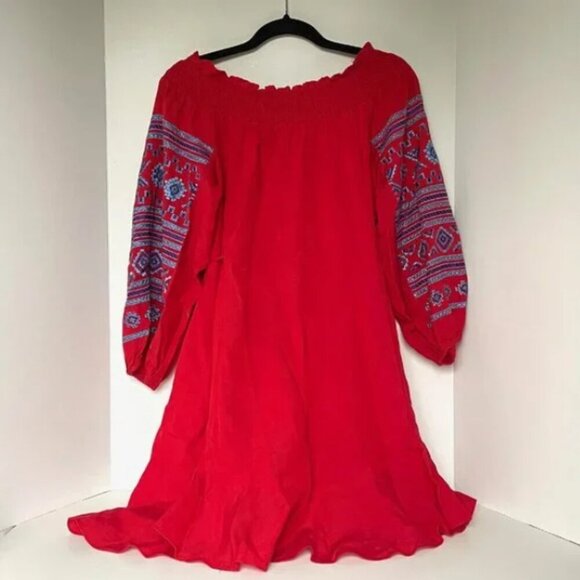 Anthropologie Off Shoulder Embroidered Boho Dress Small Red Cotton Summer Tassel - Picture 4 of 10